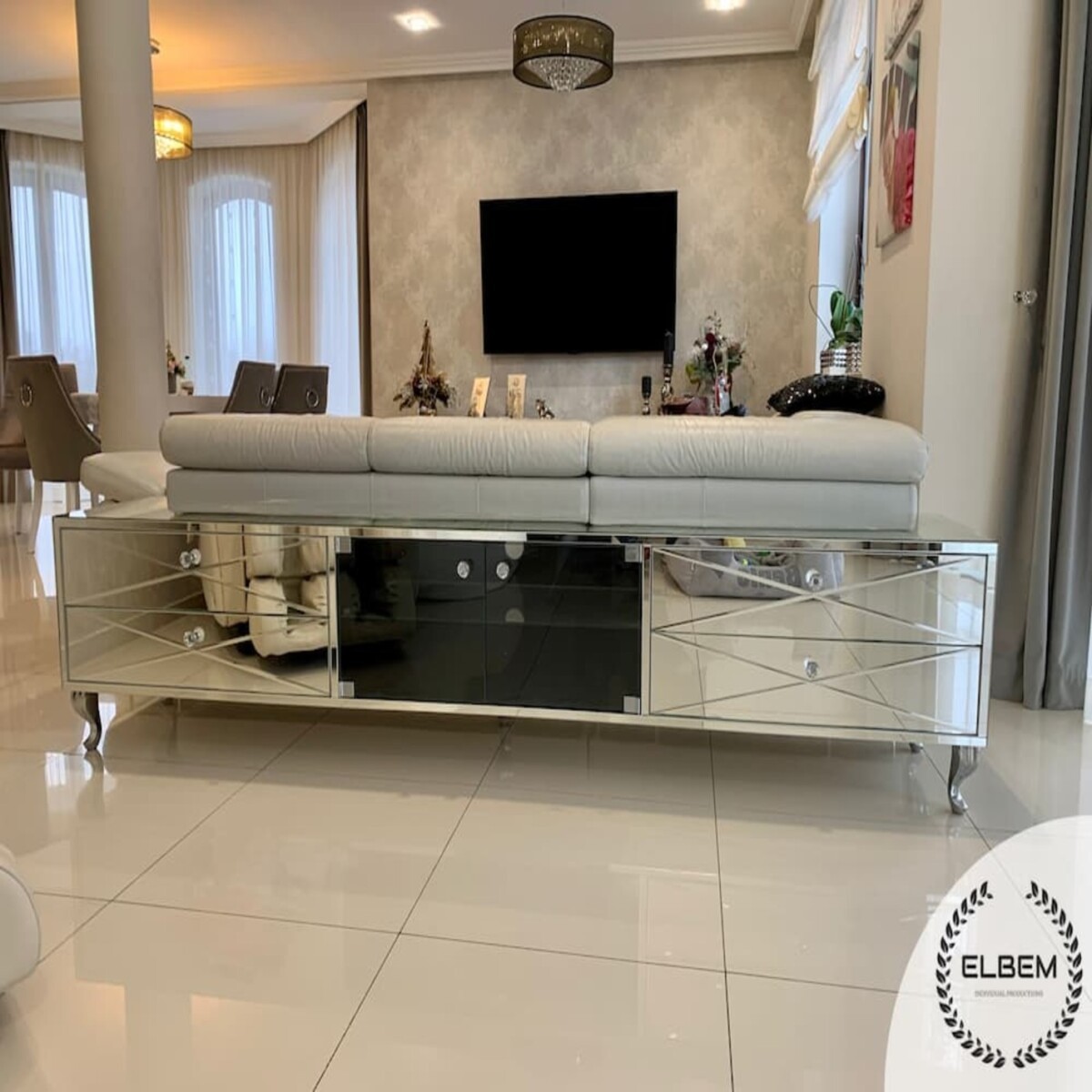 Lustrzana szafka RTV GLAMOUR - DIAMANTE DECOR - Grawerowane iksy - obrazek 3