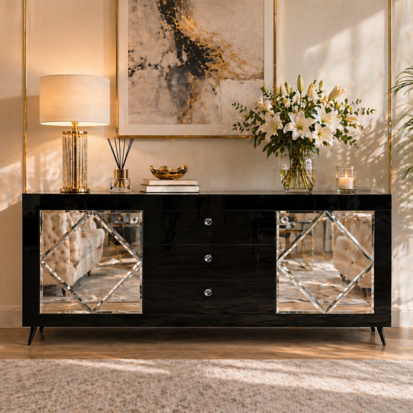 Szklana Czarna komoda Glamour – lustrzane romby BELLAGIOO BLACK