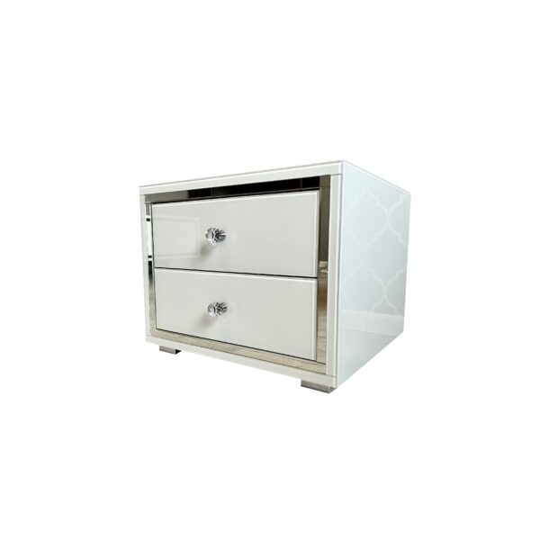 Szklana biała szafka nocna Glamour – lustrzana ramka PEARL DREAM