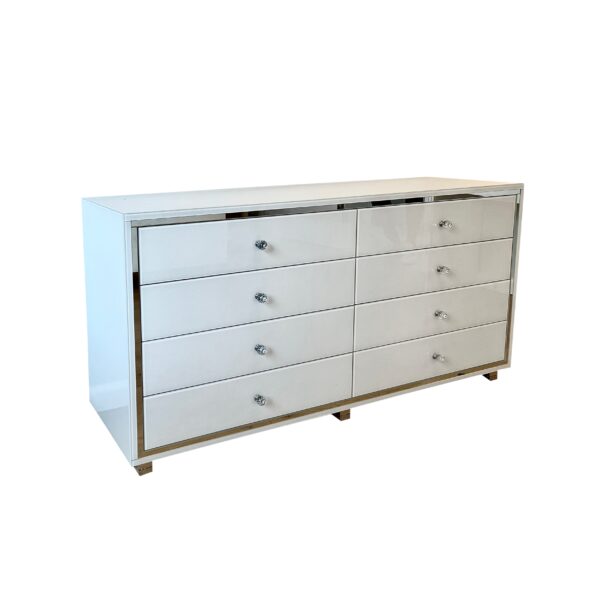 Szklana biała komoda Glamour – lustrzana ramka GLAME