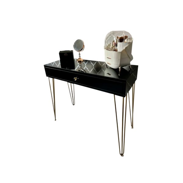 Szklana czarna toaletka – złote nogi Glamour ALMA