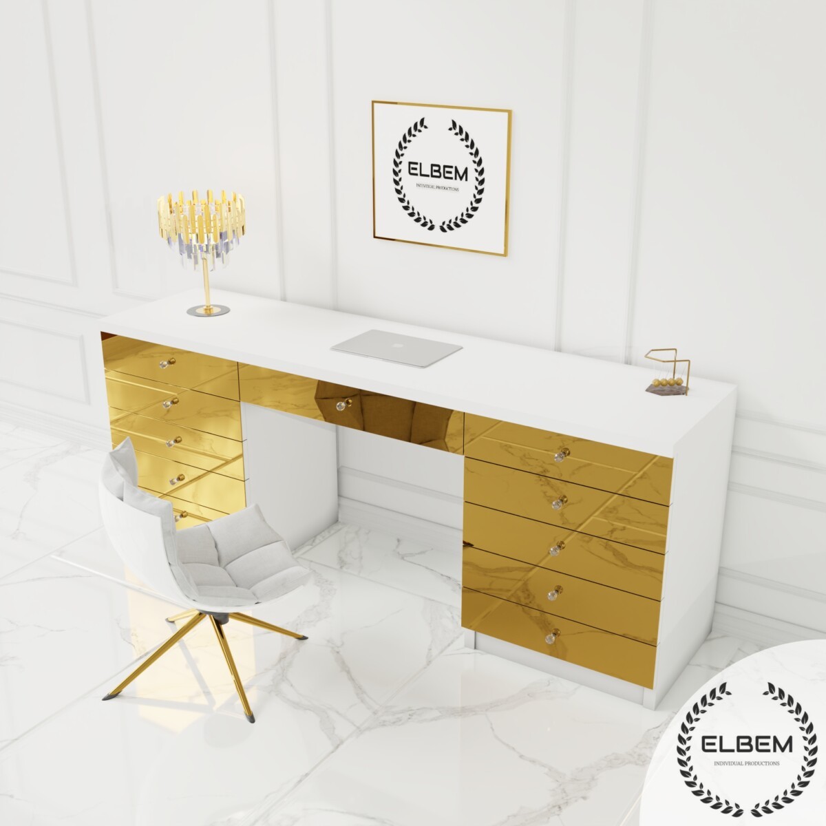 Białe biurko Glamour - szklane złote lustrzane fronty BELLAMIRA GOLD - obrazek 5