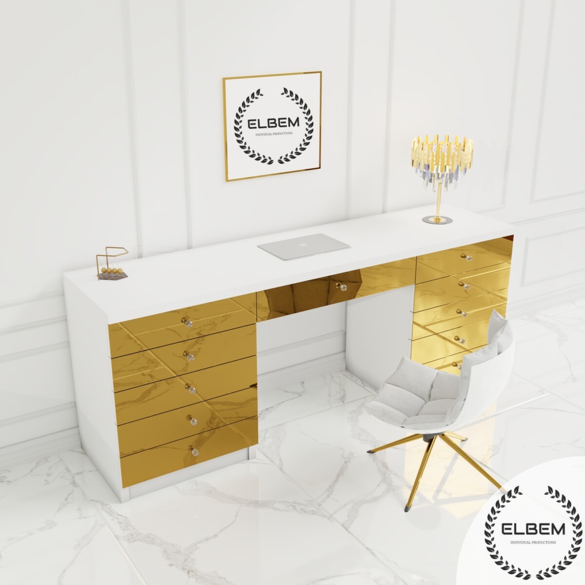 Białe biurko Glamour - szklane złote lustrzane fronty BELLAMIRA GOLD - obrazek 4