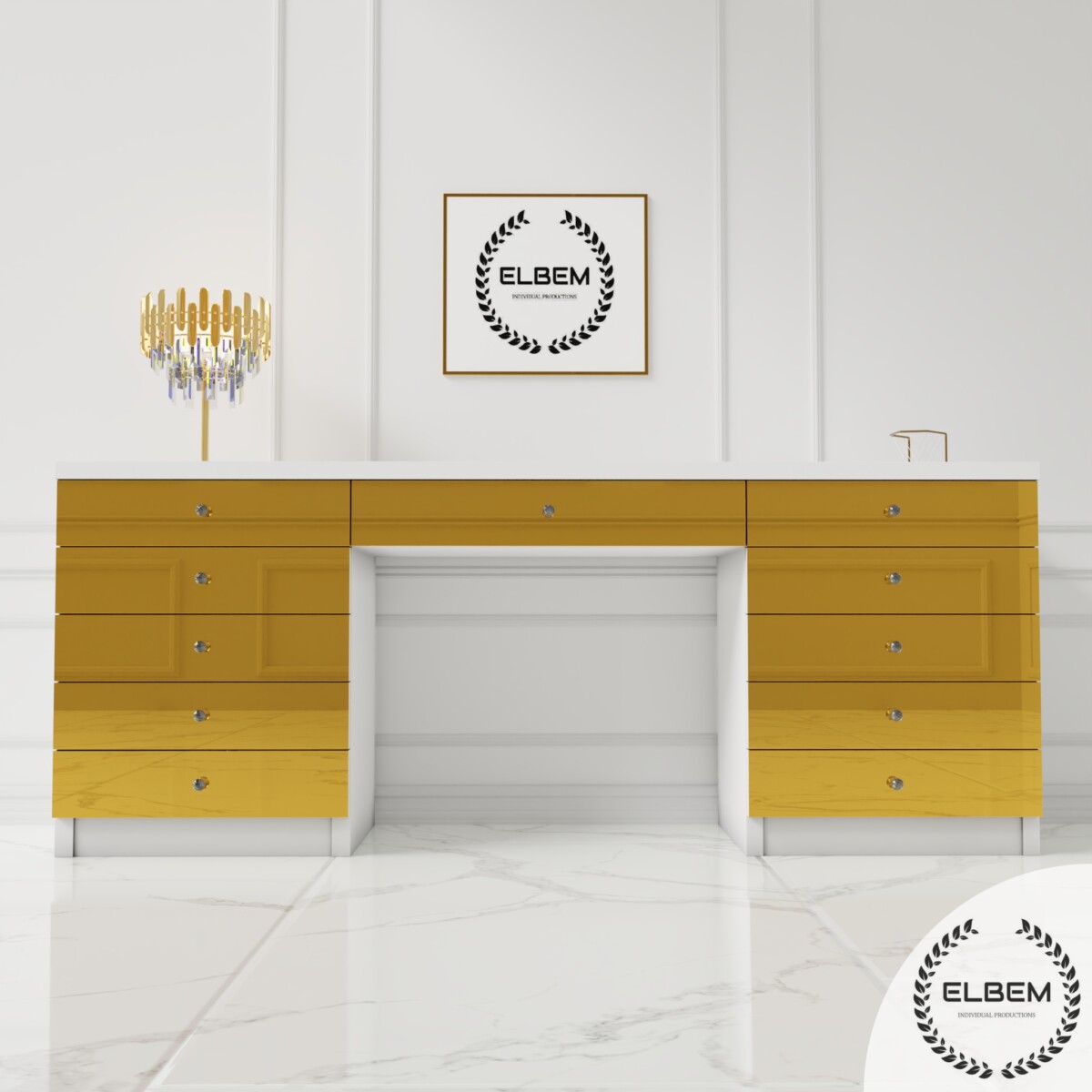 Białe biurko Glamour - szklane złote lustrzane fronty BELLAMIRA GOLD - obrazek 3