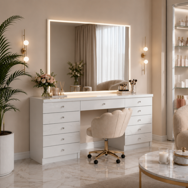 Toaletka Glamour biała – szklane białe fronty BELLAMIRA WHITE