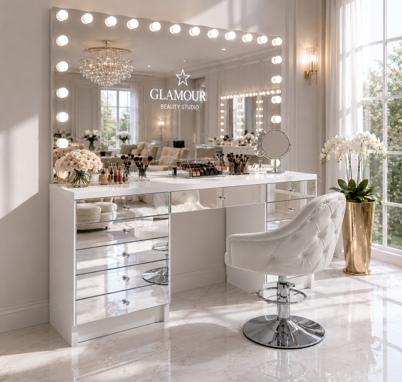 Toaletka Glamour biała - szklane lustrzane fronty BELLAMIRA SILVER