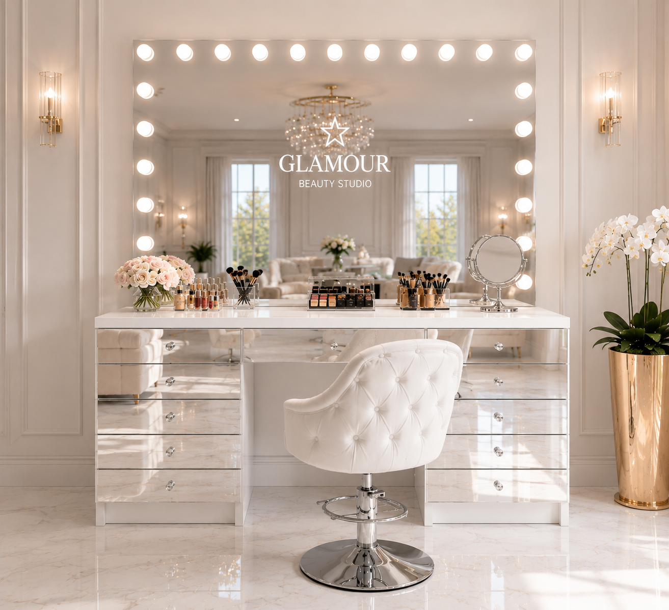 Toaletka Glamour biała - szklane lustrzane fronty BELLAMIRA SILVER - obrazek 2