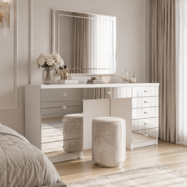 Toaletka Glamour biała – szklane lustrzane fronty BELLAMIRA SILVER