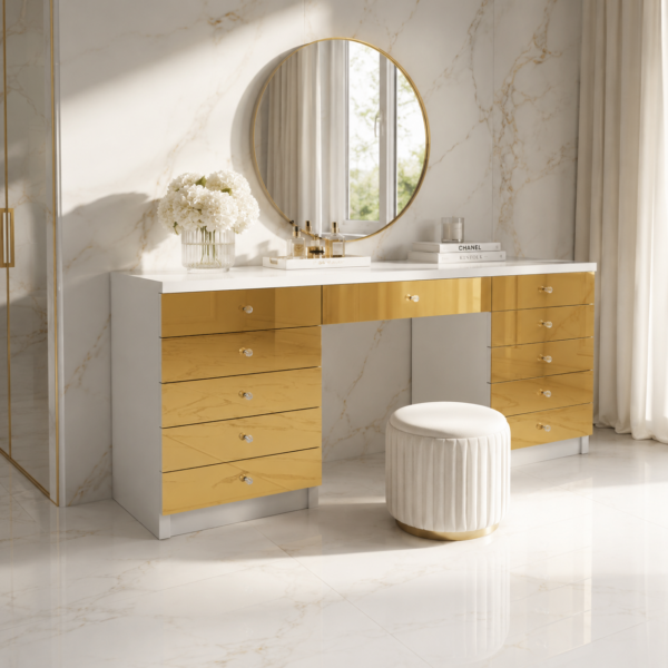 Toaletka Glamour biała – szklane złote lustrzane fronty BELLAMIRA GOLD