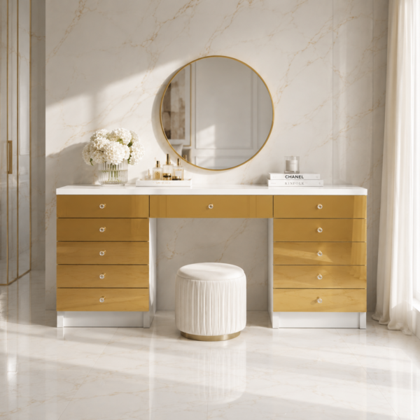 Toaletka Glamour biała – szklane złote lustrzane fronty BELLAMIRA GOLD
