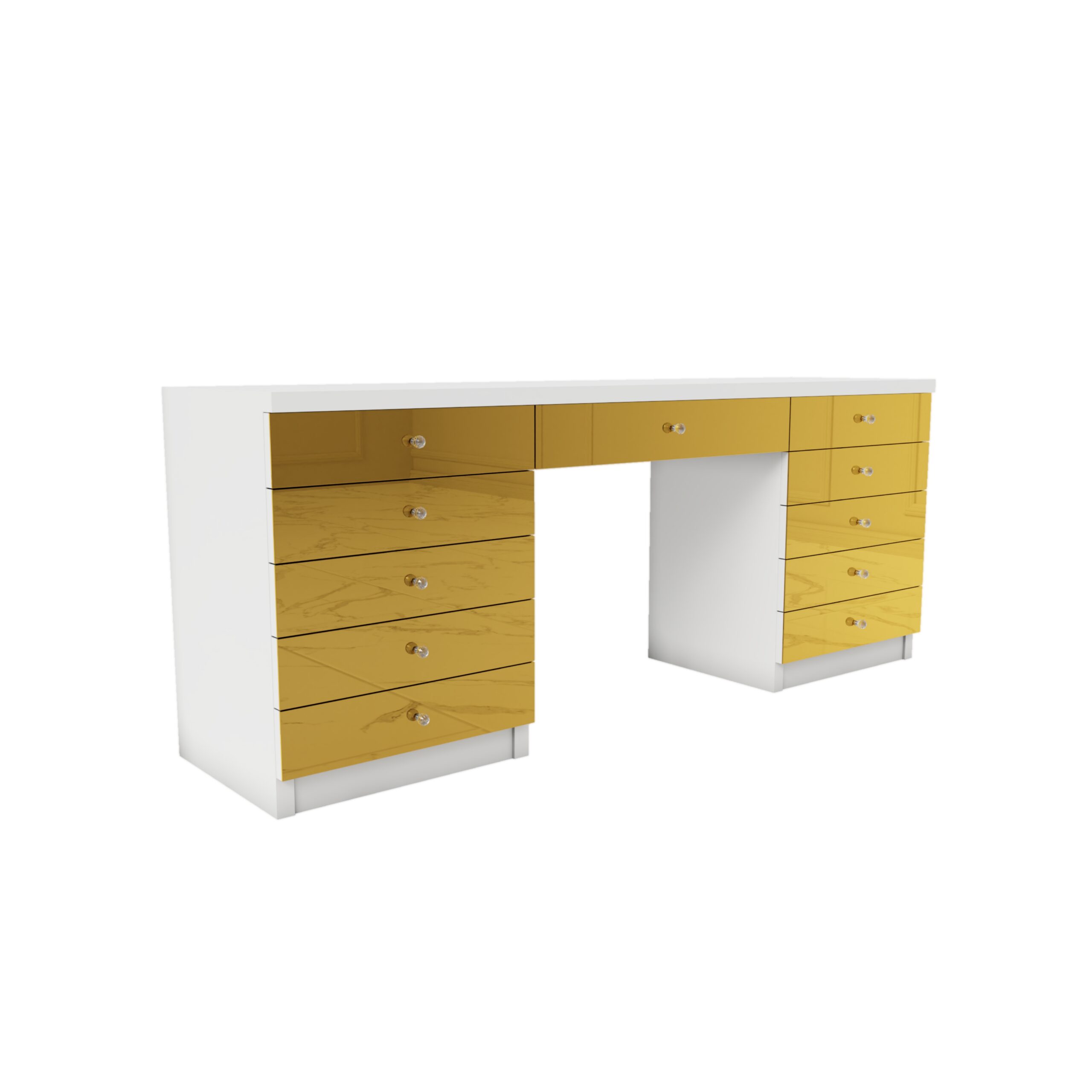 Białe biurko Glamour - szklane złote lustrzane fronty BELLAMIRA GOLD