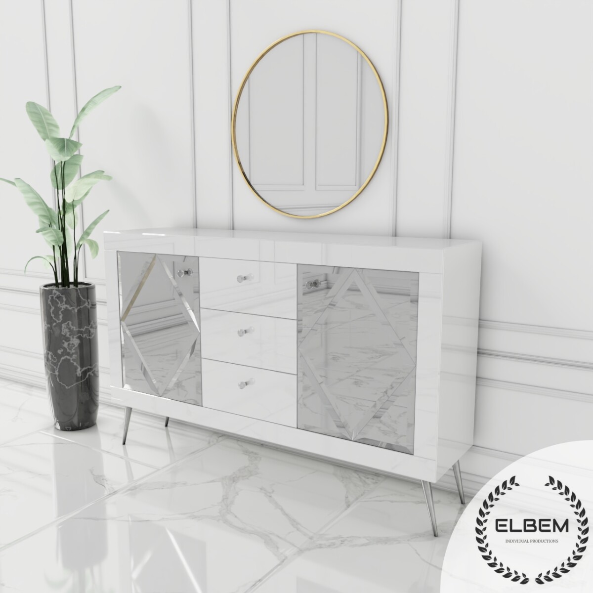 Szklana biała komoda Glamour - lustrzane romby BELLAGIO WHITE - obrazek 5