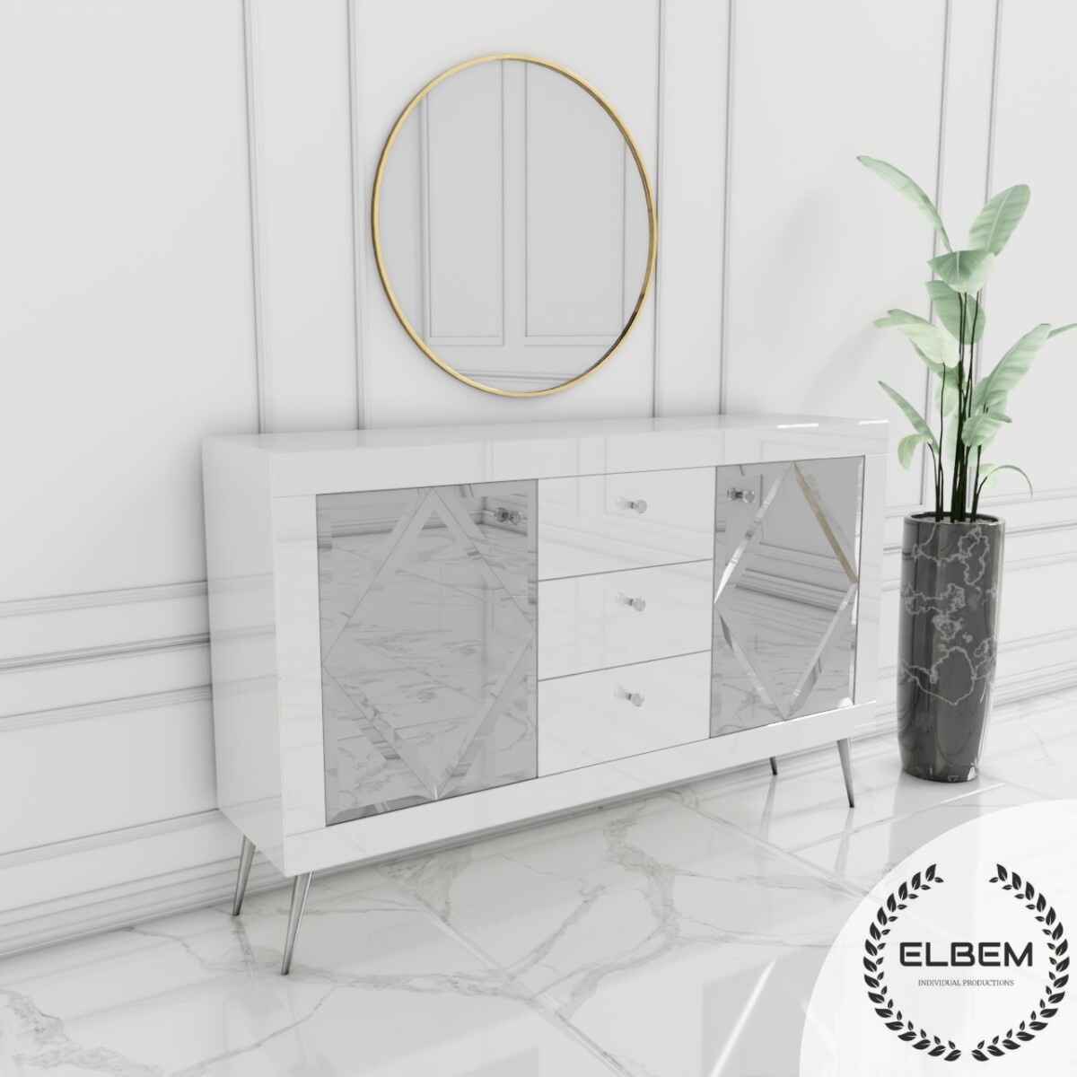 Szklana biała komoda Glamour - lustrzane romby BELLAGIO WHITE - obrazek 3