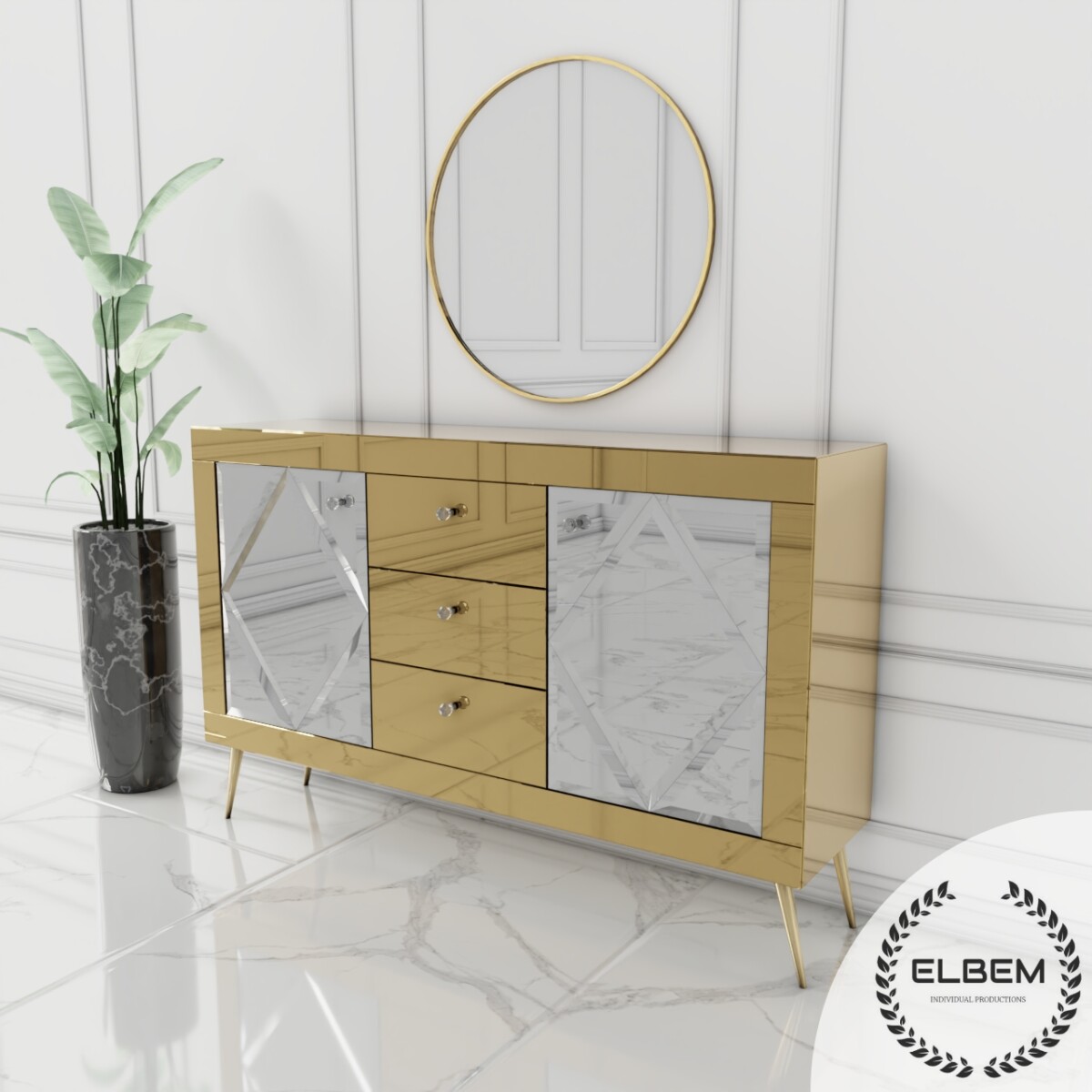 Szklana złota komoda Glamour - lustrzane romby BELLAGIO GOLD - obrazek 5