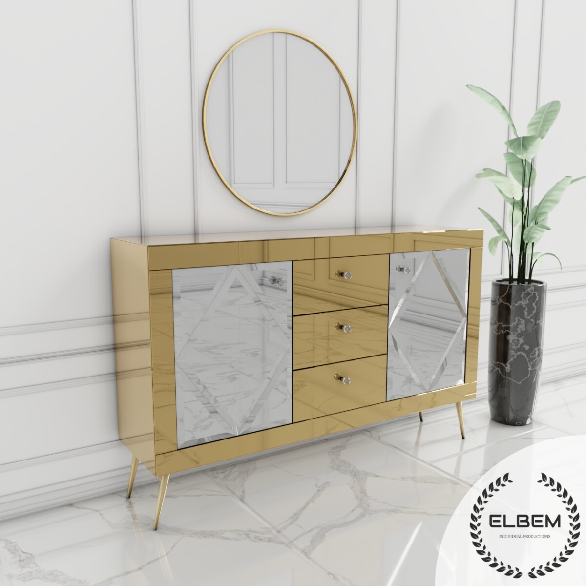 Szklana złota komoda Glamour - lustrzane romby BELLAGIO GOLD - obrazek 3