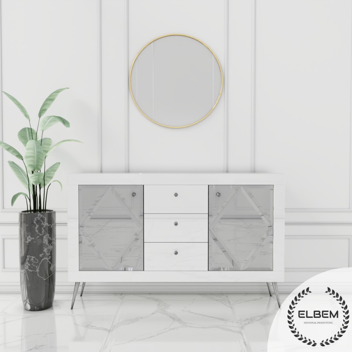 Szklana biała komoda Glamour - lustrzane romby BELLAGIO WHITE - obrazek 4