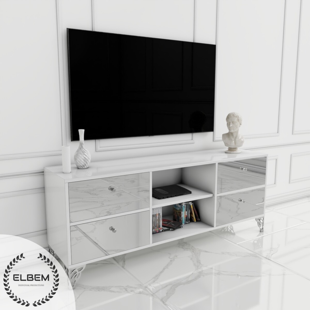 Szafka RTV GLAMOUR - SILVER HARMONY - Biały połysk - obrazek 5