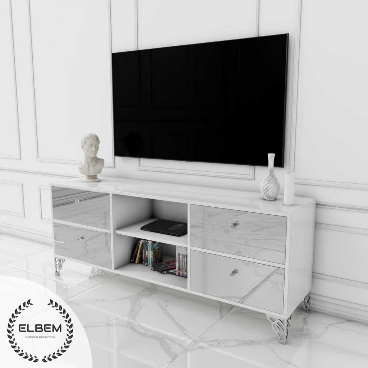 Szafka RTV GLAMOUR - SILVER HARMONY - Biały połysk - obrazek 4