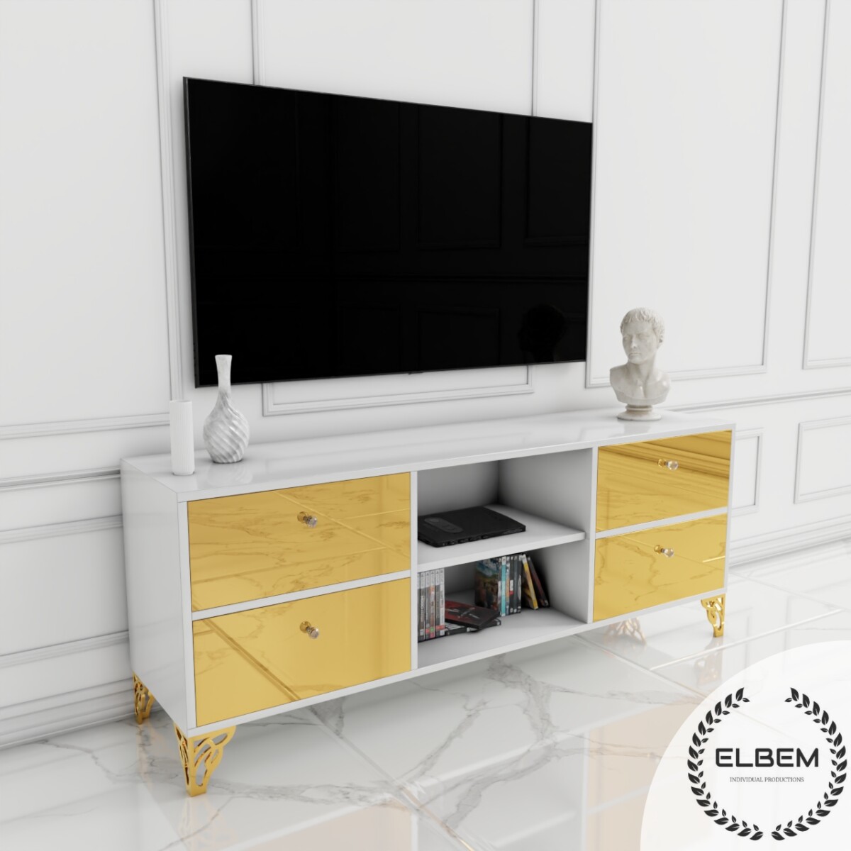 Szafka RTV GLAMOUR - GOLDEN HARMONY - Biały połysk - obrazek 5