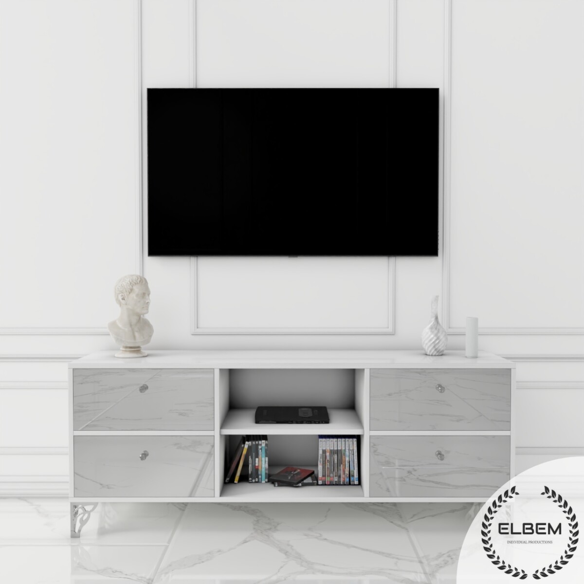 Szafka RTV GLAMOUR - SILVER HARMONY - Biały połysk - obrazek 3