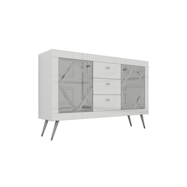 Szklana biała komoda Glamour – lustrzane romby BELLAGIO WHITE