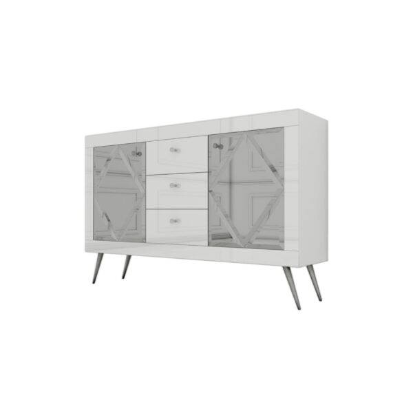 Szklana biała komoda Glamour – lustrzane romby BELLAGIO WHITE