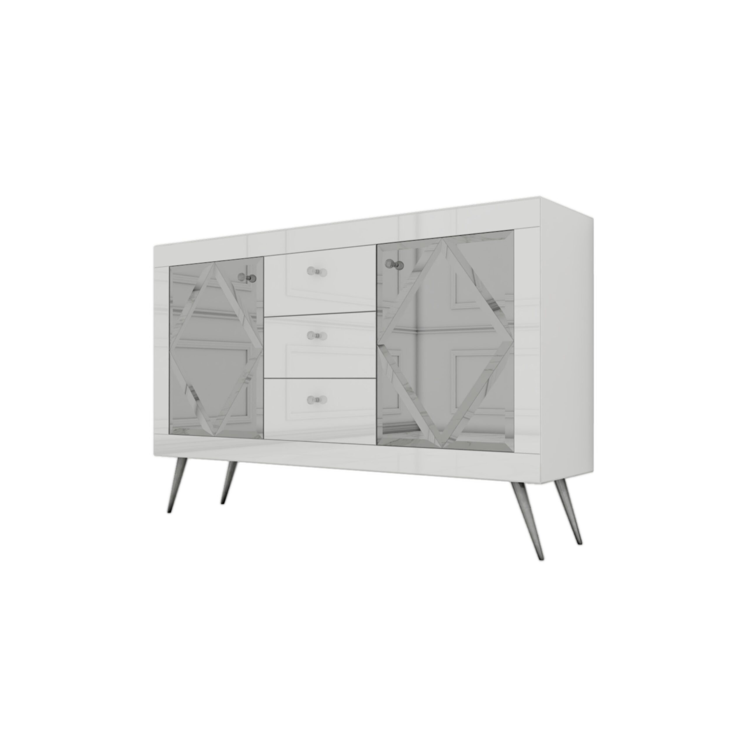 Szklana biała komoda Glamour - lustrzane romby BELLAGIO WHITE - obrazek 2