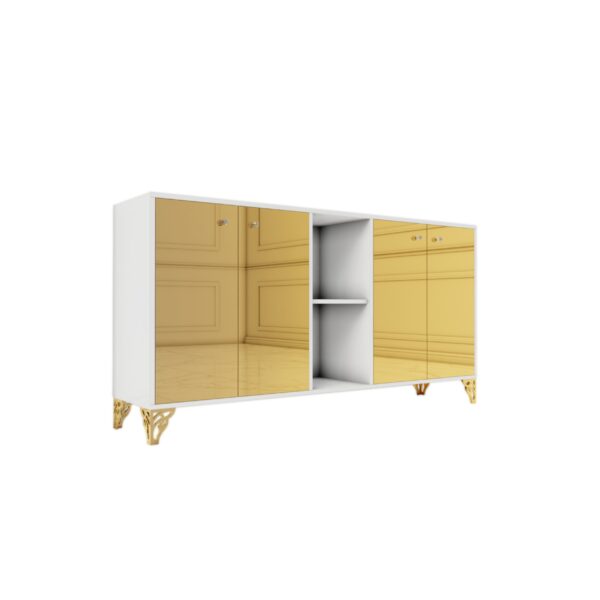 Komoda biały połysk – szklany złoty front Glamour FIAMMA GOLD