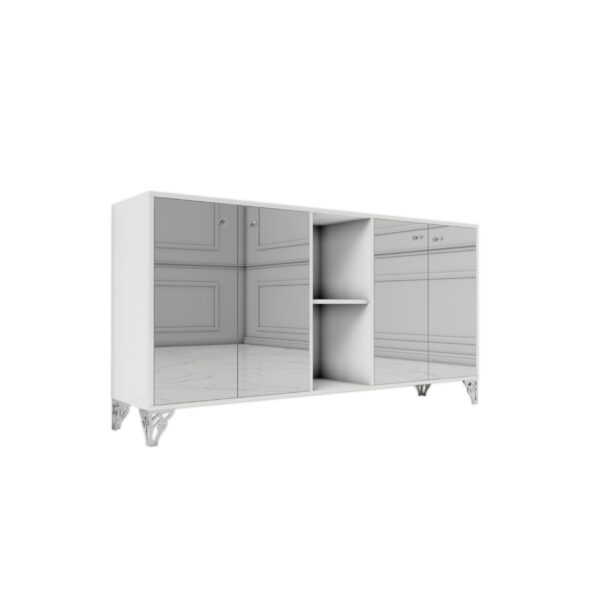 Komoda biały połysk – szklany srebrny front Glamour FIAMMA SILVER