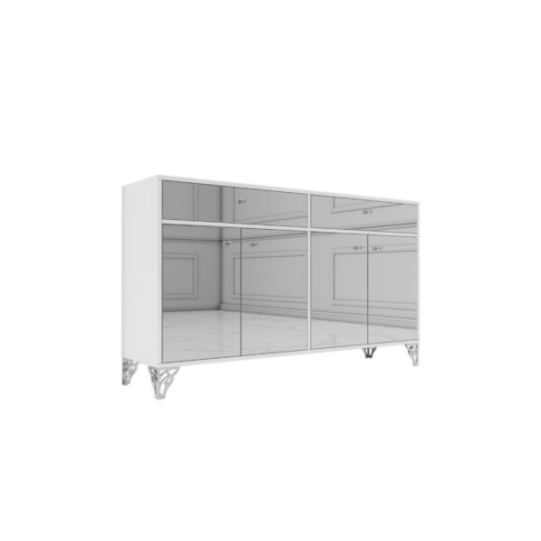 Komoda biały połysk – szklany srebrny front Glamour ELARIA SILVER
