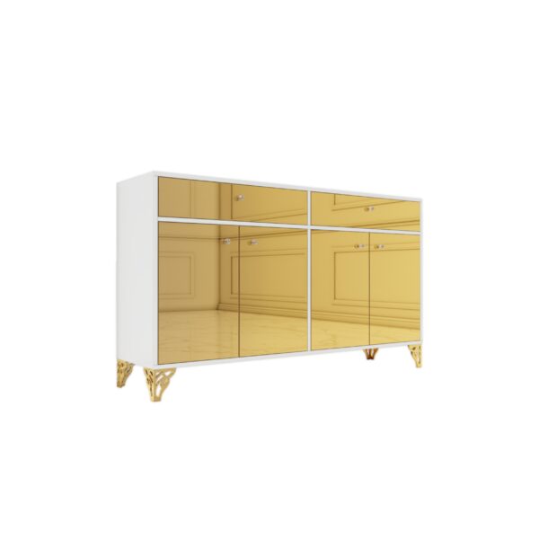 Komoda biały połysk – szklany złoty front Glamour ELARIA GOLD