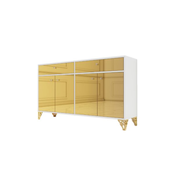Komoda biały połysk – szklany złoty front Glamour ELARIA GOLD