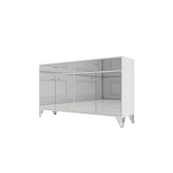 Komoda biały połysk – szklany srebrny front Glamour ELARIA SILVER