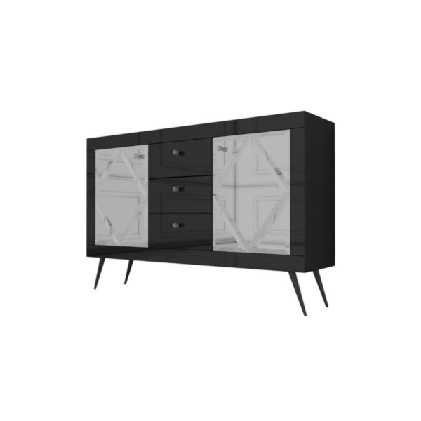 Szklana czarna komoda Glamour – lustrzane romby BELLAGIO BLACK