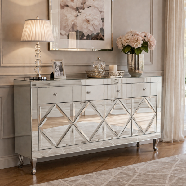 Lustrzana komoda Glamour – ozdobne romby CRISTAL CHIC SILVER