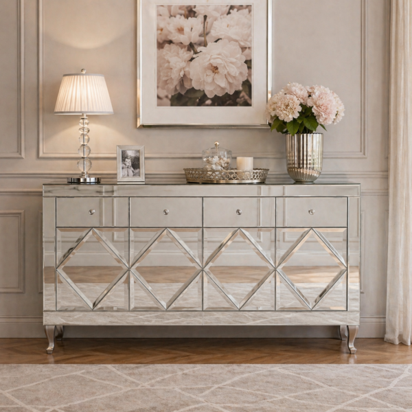 Lustrzana komoda Glamour – ozdobne romby CRISTAL CHIC SILVER