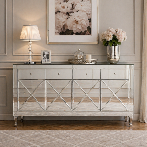 Lustrzana komoda Glamour – ozdobne iksy CRISTAL CHIC SILVER II