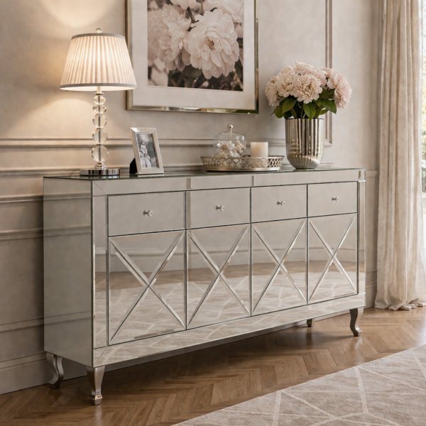 Lustrzana komoda Glamour – ozdobne iksy CRISTAL CHIC SILVER II