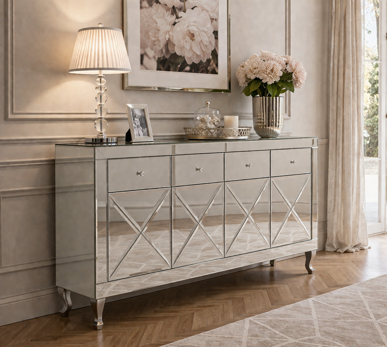 Lustrzana komoda Glamour - ozdobne iksy CRISTAL CHIC SILVER II