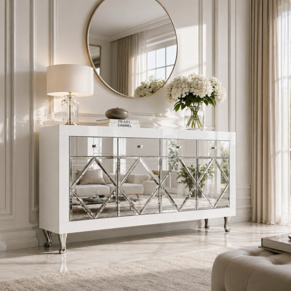Biała szklana komoda Glamour – ozdobne romby CRISTAL CHIC WHITE