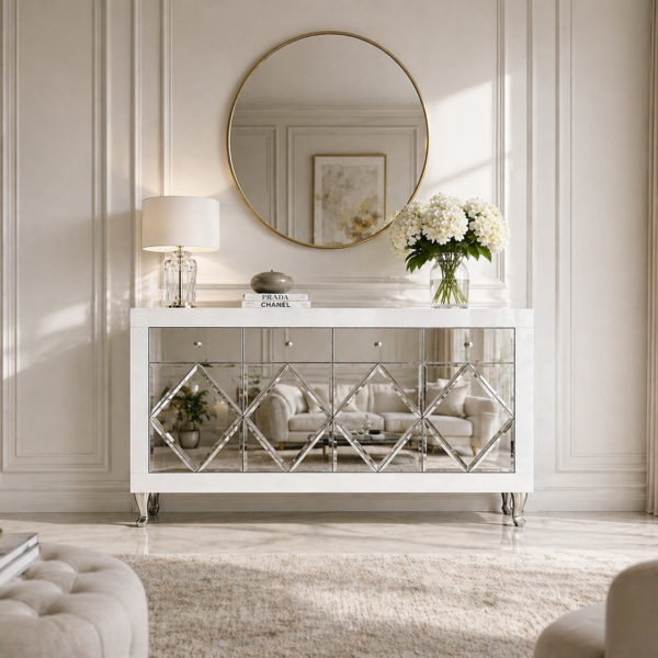 Biała szklana komoda Glamour – ozdobne romby CRISTAL CHIC WHITE