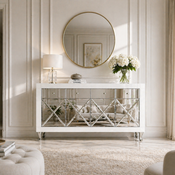 Biała szklana komoda Glamour – ozdobne iksy CRISTAL CHIC WHITE II