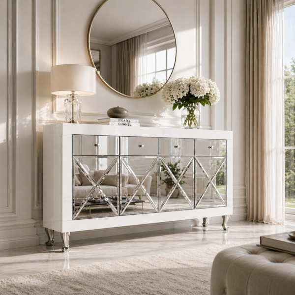 Biała szklana komoda Glamour – ozdobne iksy CRISTAL CHIC WHITE II