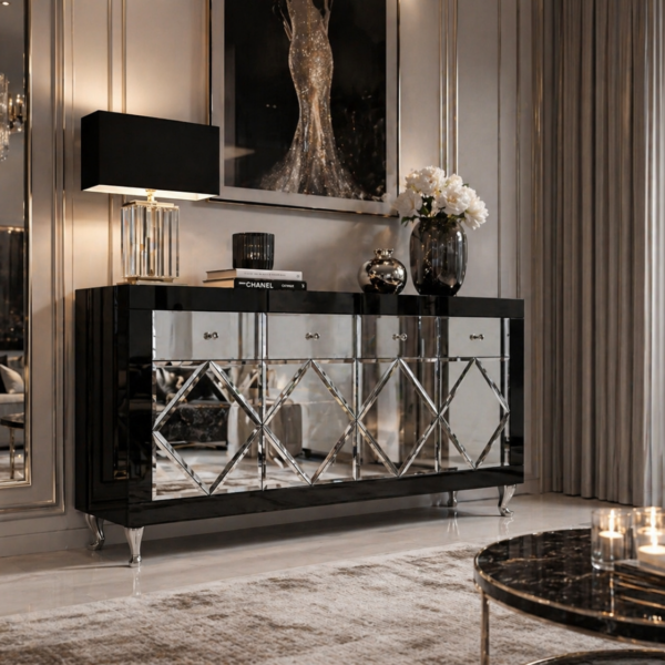 Czarna szklana komoda Glamour – ozdobne romby CRISTAL CHIC BLACK