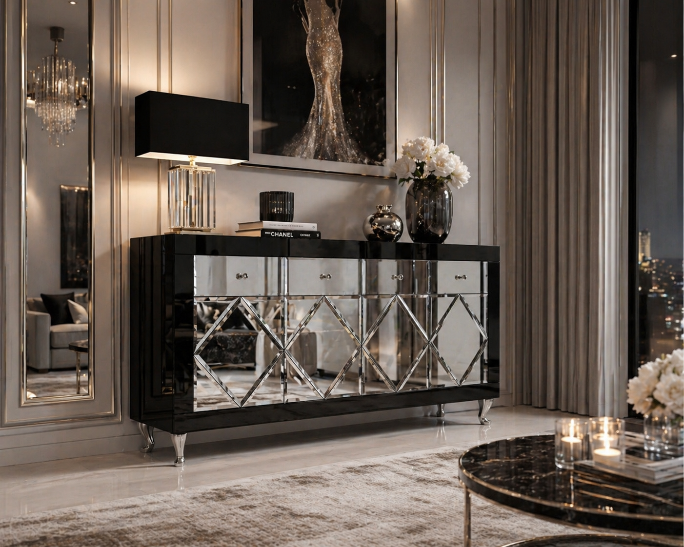 Czarna szklana komoda Glamour - ozdobne romby CRISTAL CHIC BLACK