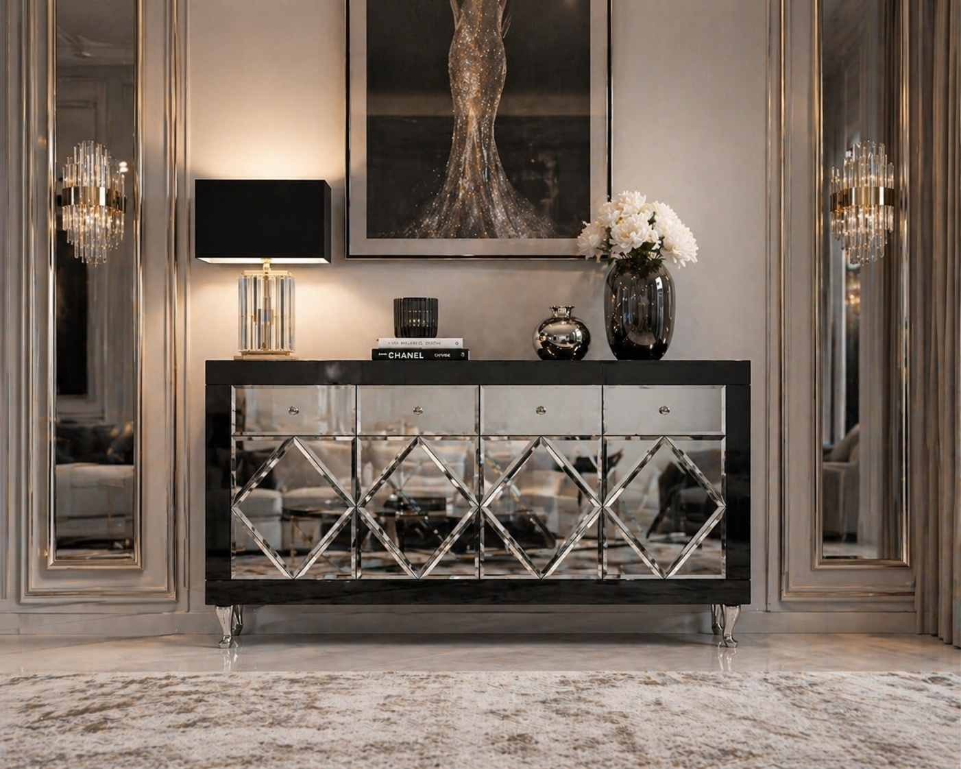 Czarna szklana komoda Glamour - ozdobne romby CRISTAL CHIC BLACK - obrazek 2