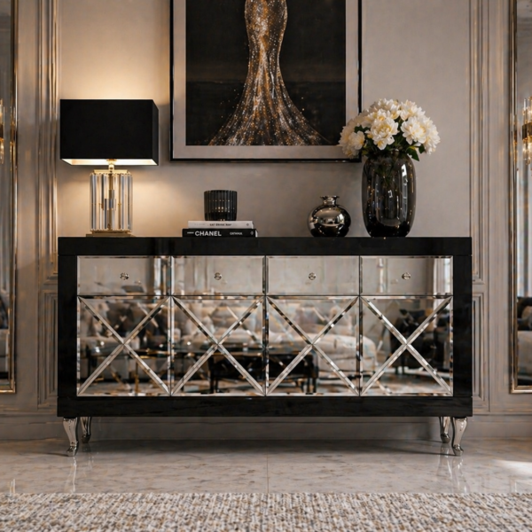 Czarna szklana komoda Glamour – ozdobne iksy CRISTAL CHIC BLACK II