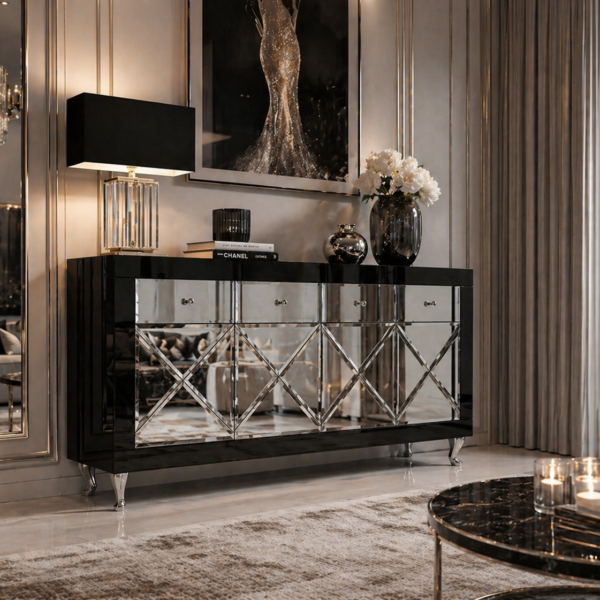 Czarna szklana komoda Glamour – ozdobne iksy CRISTAL CHIC BLACK II