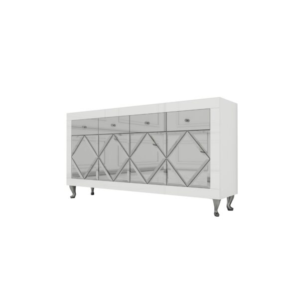 Biała szklana komoda Glamour – ozdobne romby CRISTAL CHIC WHITE