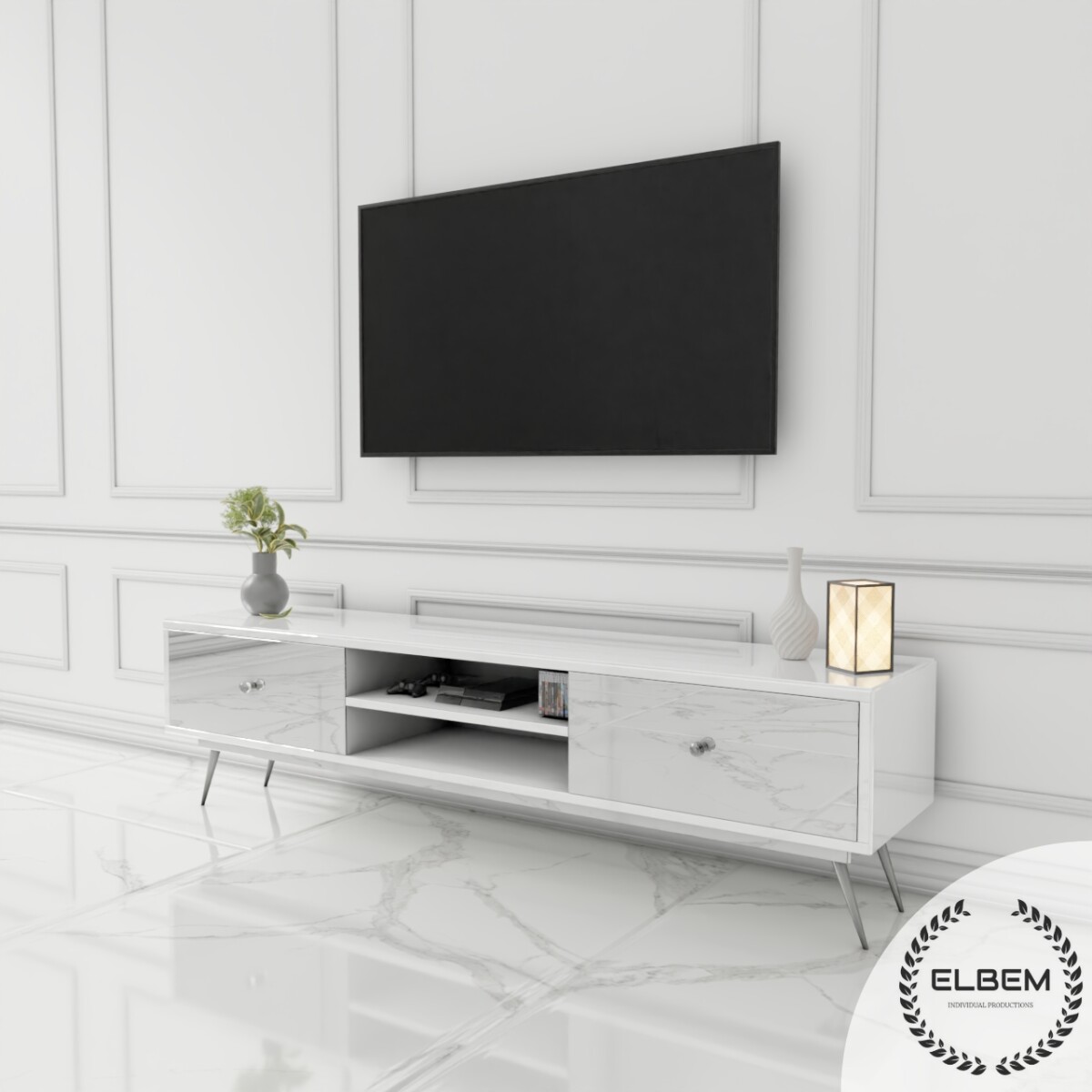 Szafka RTV GLAMOUR - NOBLE LUXE IV - Białe szkło - obrazek 5